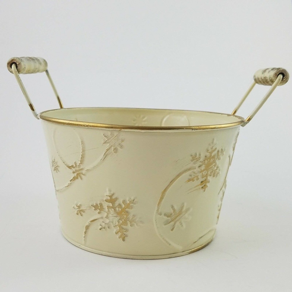 Wooden Handled Metal Bucket Pail Christmas Holiday Snowflakes